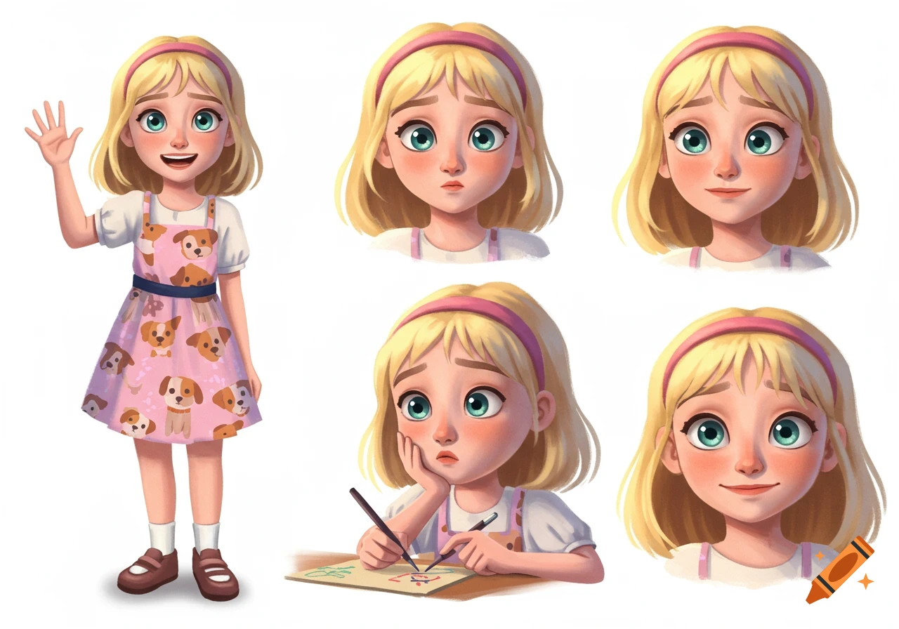 Character design sheet of a blonde girl in a dog-patterned dress, shown in full body waving and various expressions, digital painting.