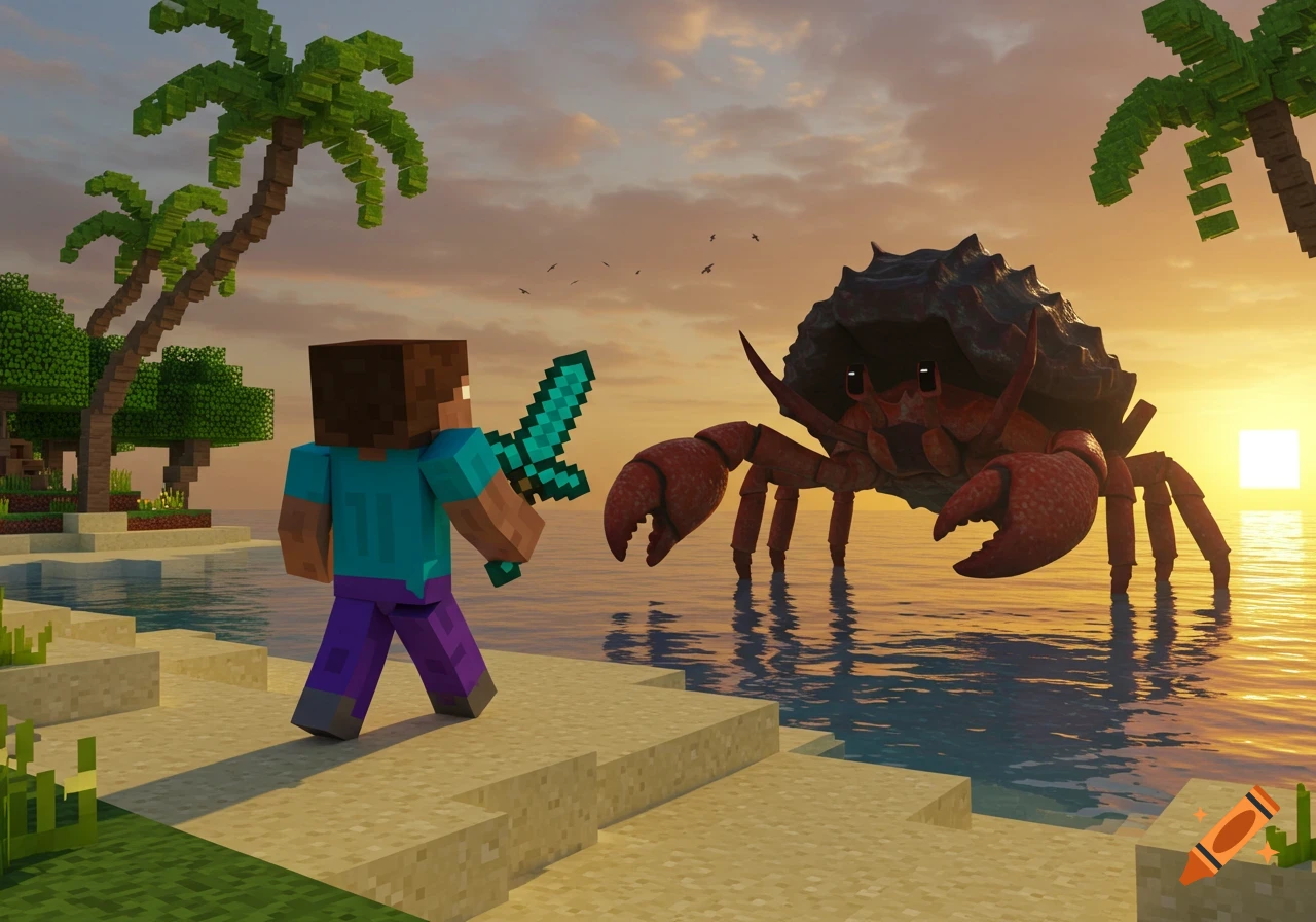 Minecraft Steve with a sword facing a giant crab monster on a beach at sunset with palm trees.