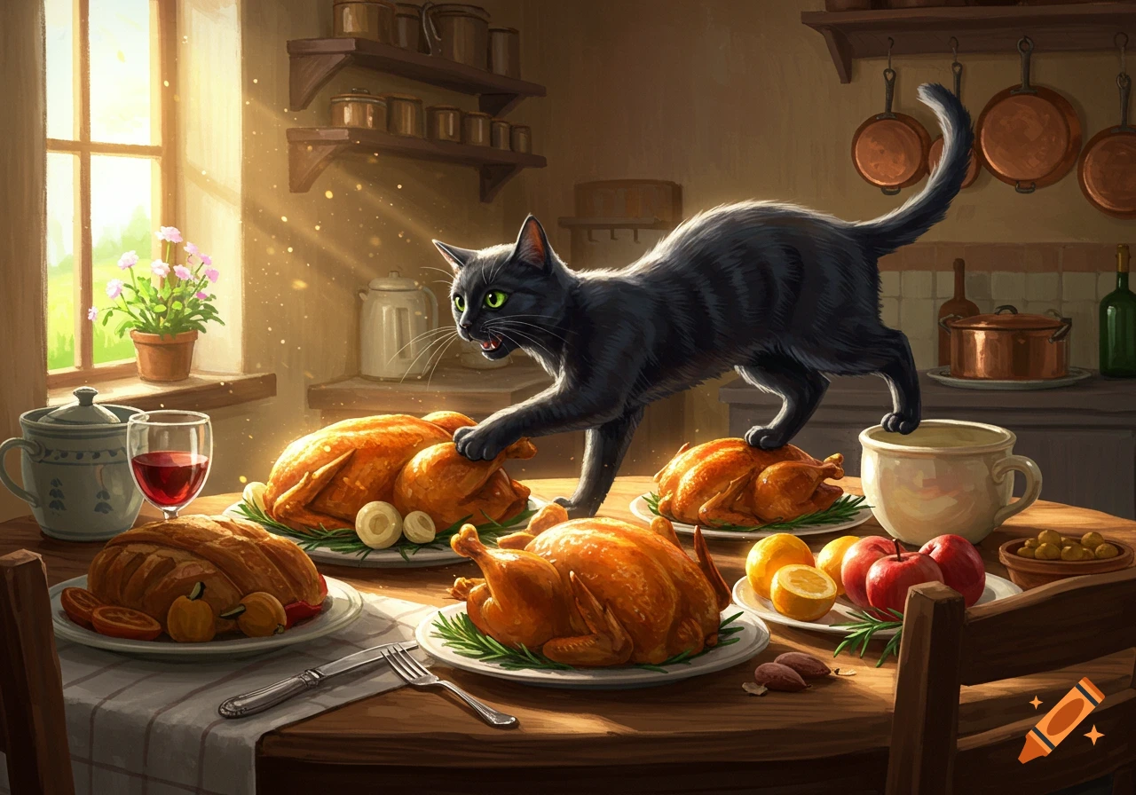 A black cat stands on a dining table, reaching for roasted turkeys and other food in a sunlit kitchen.