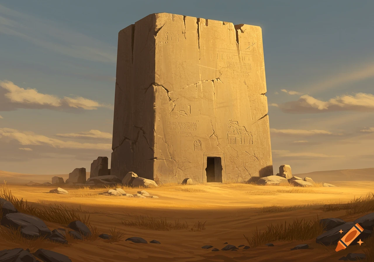 An ancient, rectangular beige stone building covered in hieroglyphic carvings stands in a vast, sunlit desert landscape.