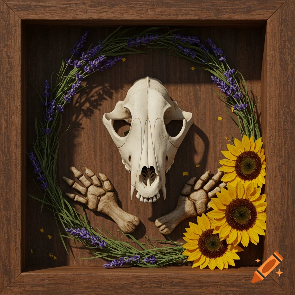 A canine skull and bone paws arranged with lavender and sunflowers inside a wooden shadow box, in a photorealistic style.