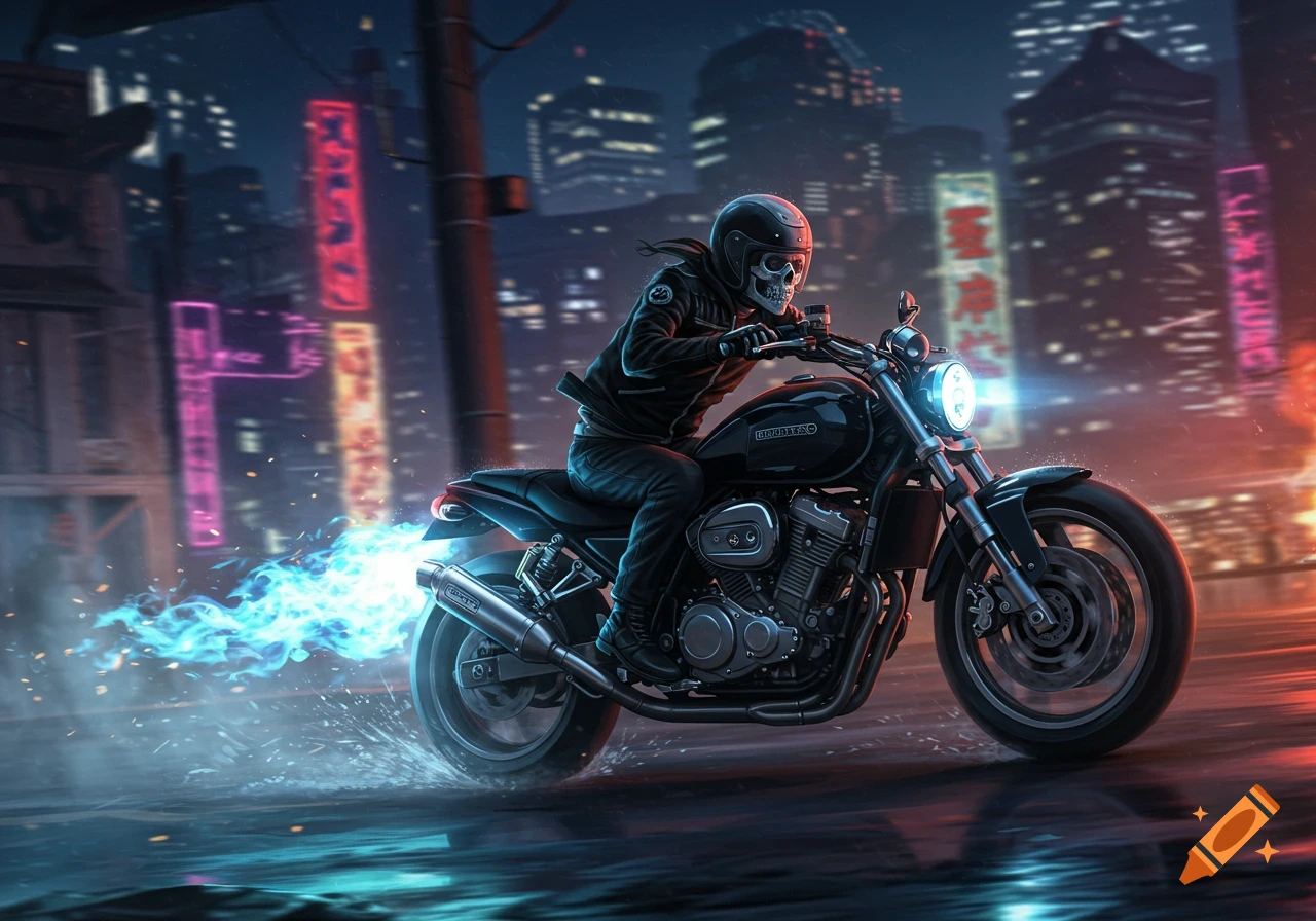 An anime-style skeleton rider on a black motorcycle races through a neon-lit city street at night, with blue flames trailing from the exhaust.