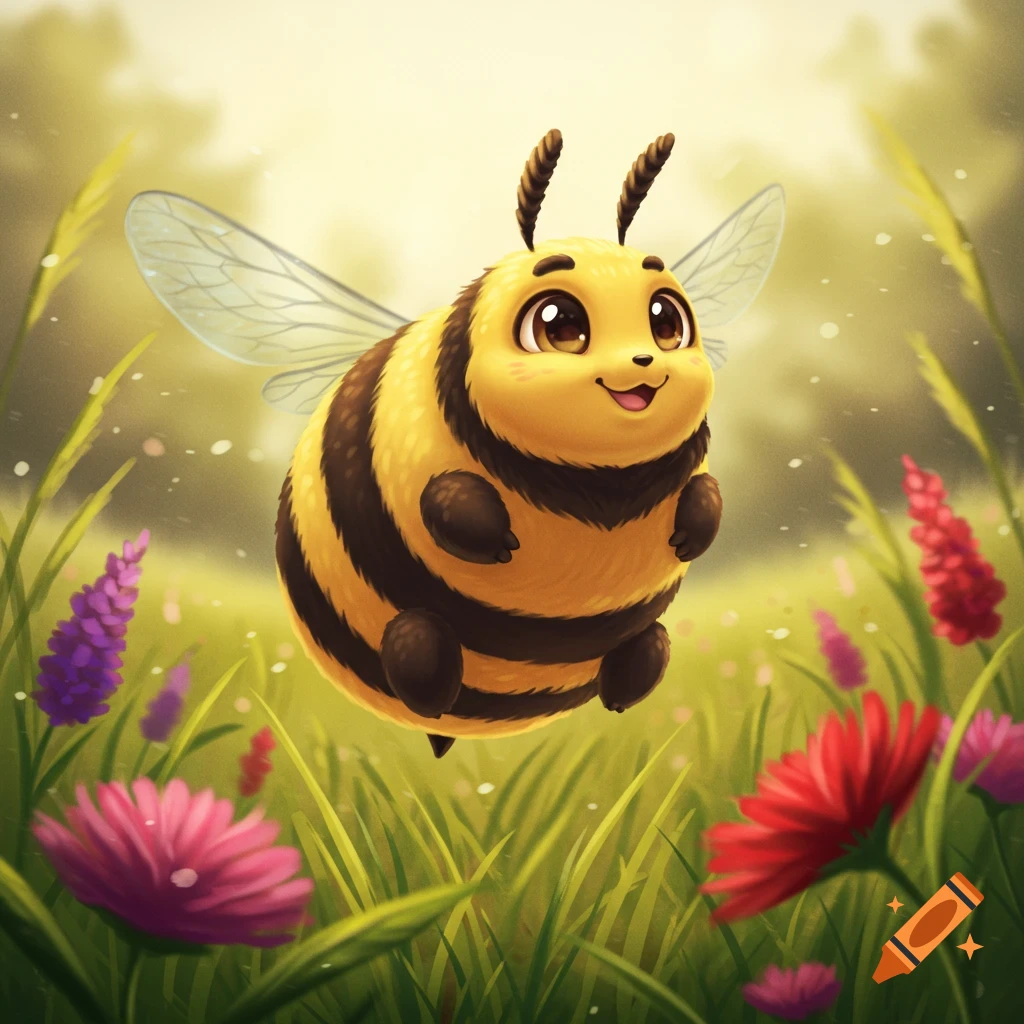 A chubby, cute cartoon bee with large eyes flies happily in a sunny green field surrounded by colorful flowers.