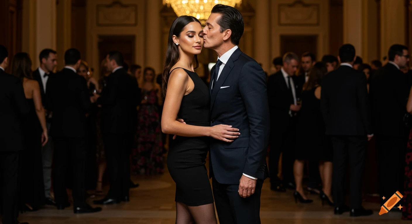 A man in a suit kisses a woman in a black dress on the temple at a photorealistic formal gala event.