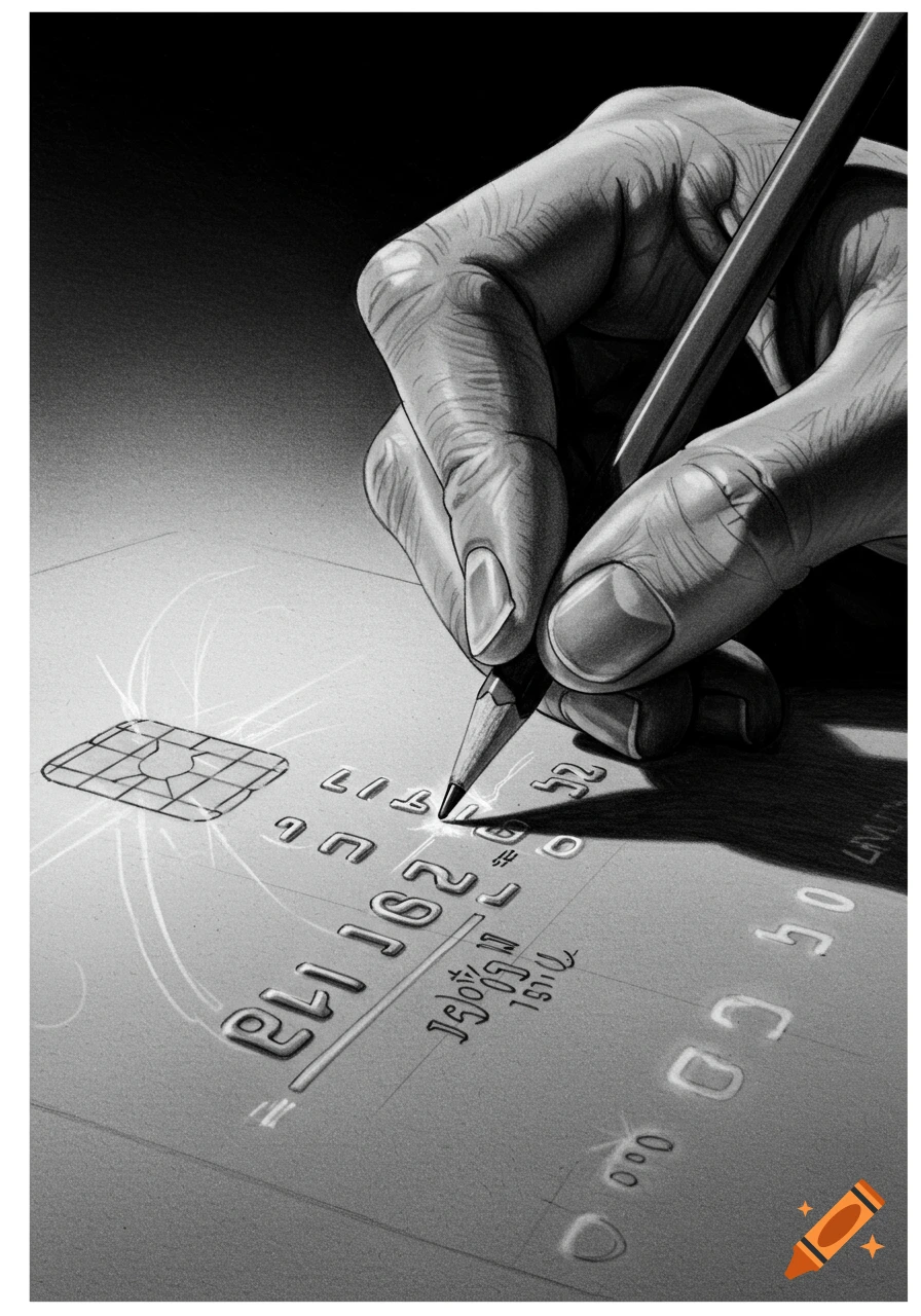 A black and white drawing of a hand holding a pencil, writing on a credit card.