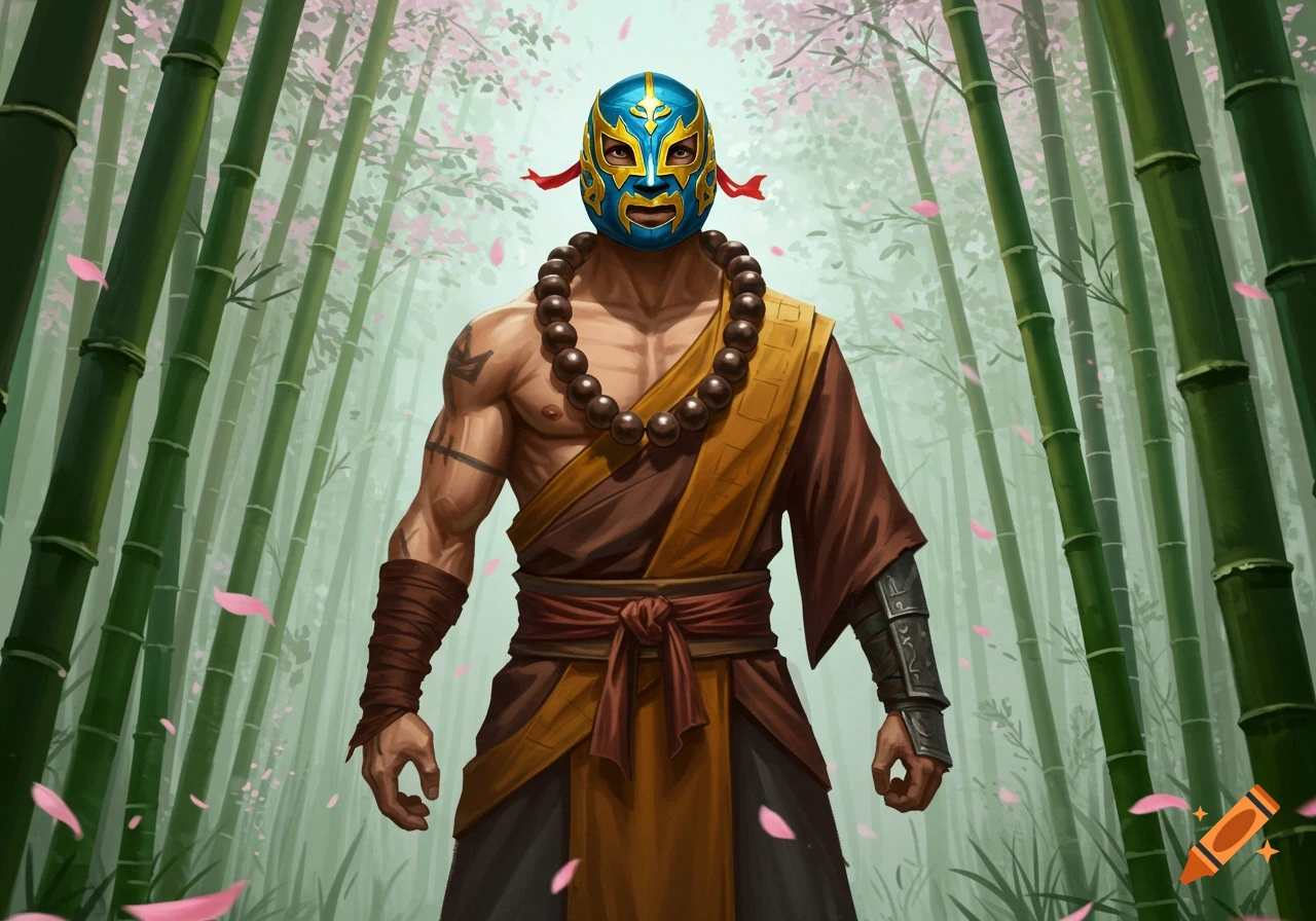 A muscular monk-like figure wearing a blue and gold luchador mask stands in a bamboo forest with pink cherry blossoms falling.