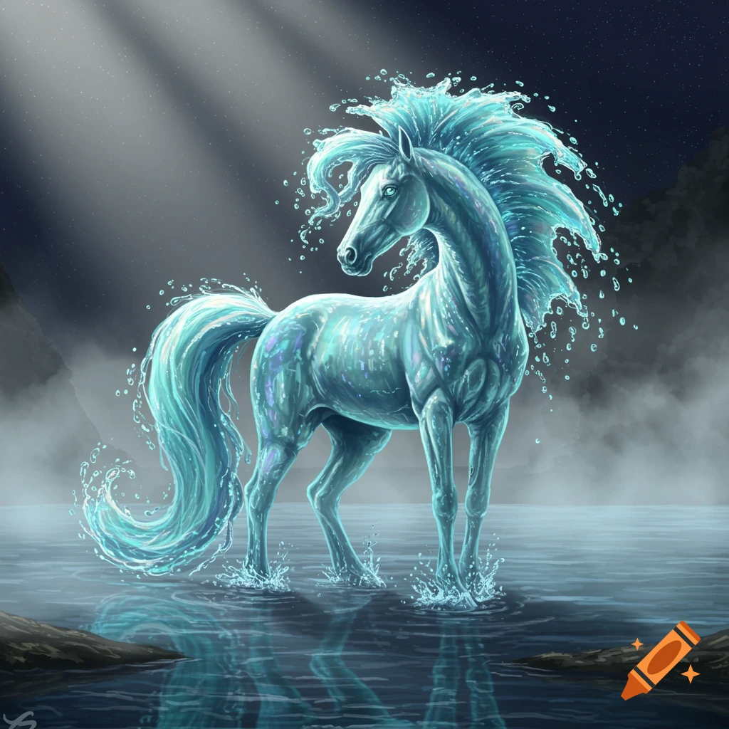 A majestic horse made of shimmering blue water stands in a misty lake under rays of light.