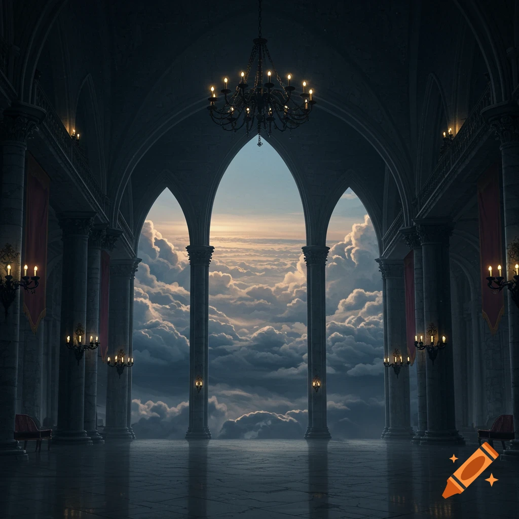 A majestic, dimly lit castle hall with towering arches opening to a vast sky filled with white and gray clouds, featuring large pillars and chandeliers.