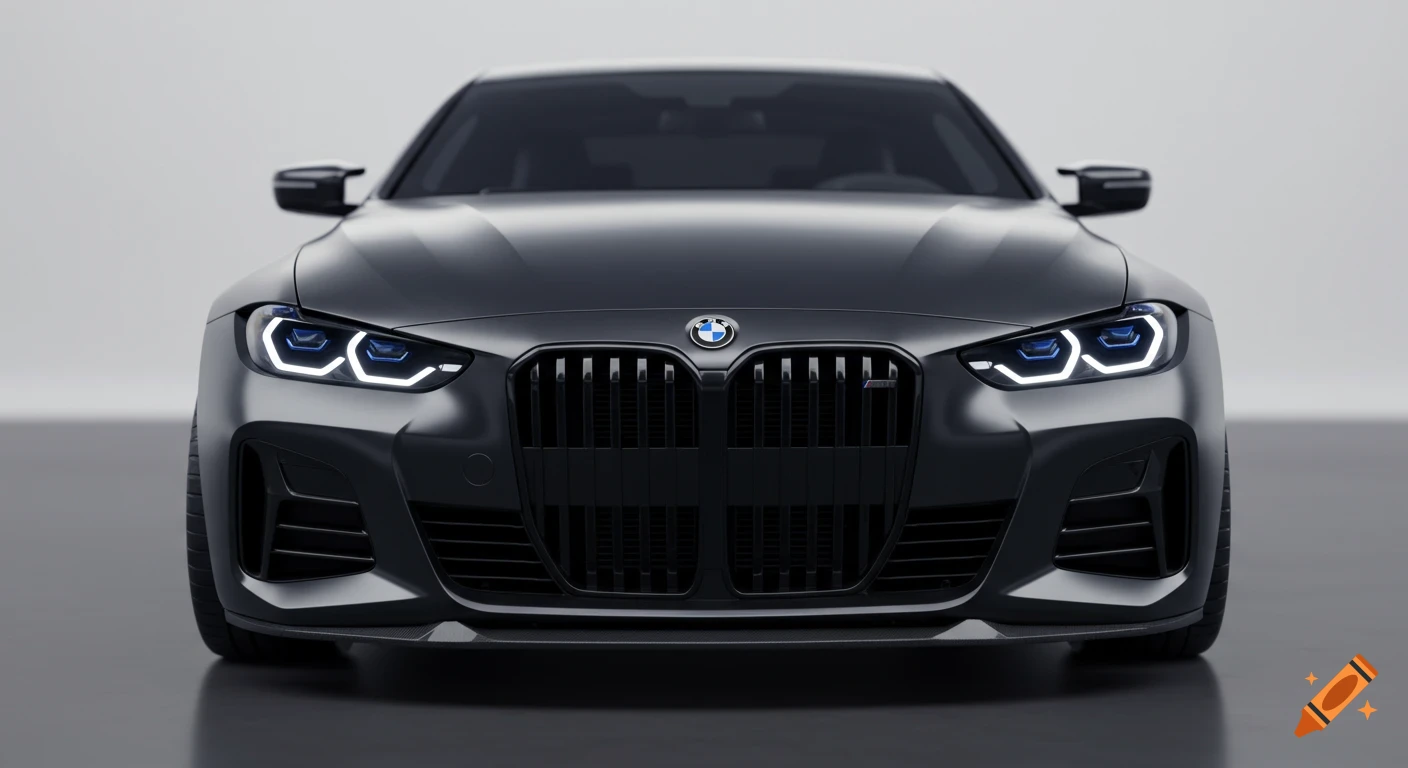 Front view of a matte black 2025 BMW M4CS with headlights on, against a simple light background.