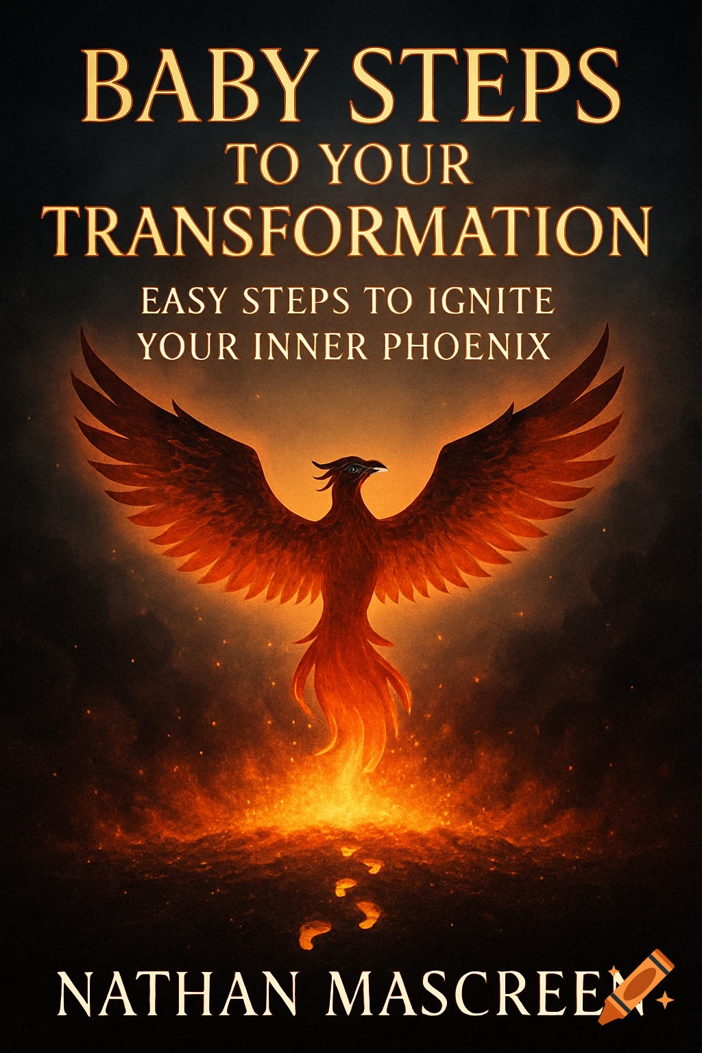 Book cover: A vibrant fiery phoenix rises from glowing ashes, with faint footsteps. Title 'Baby Steps to Your Transformation'.