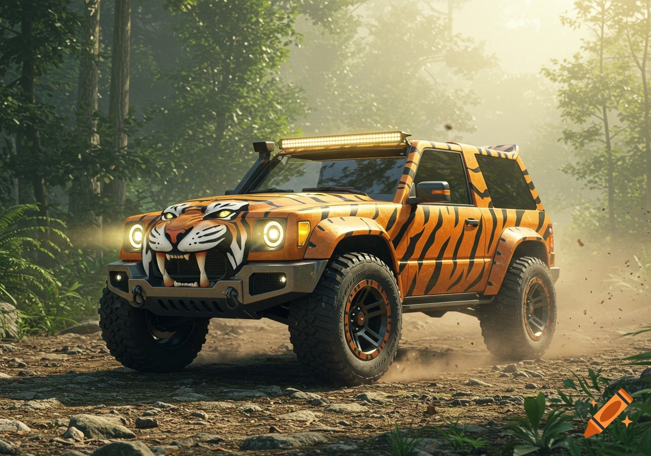 A photorealistic off-road vehicle with a tiger-themed design drives on a dirt path in a lush forest.