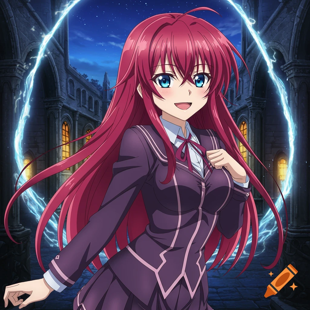 An anime girl with long red hair and blue eyes smiles, wearing a dark school uniform in front of a gothic building with blue magic circles.