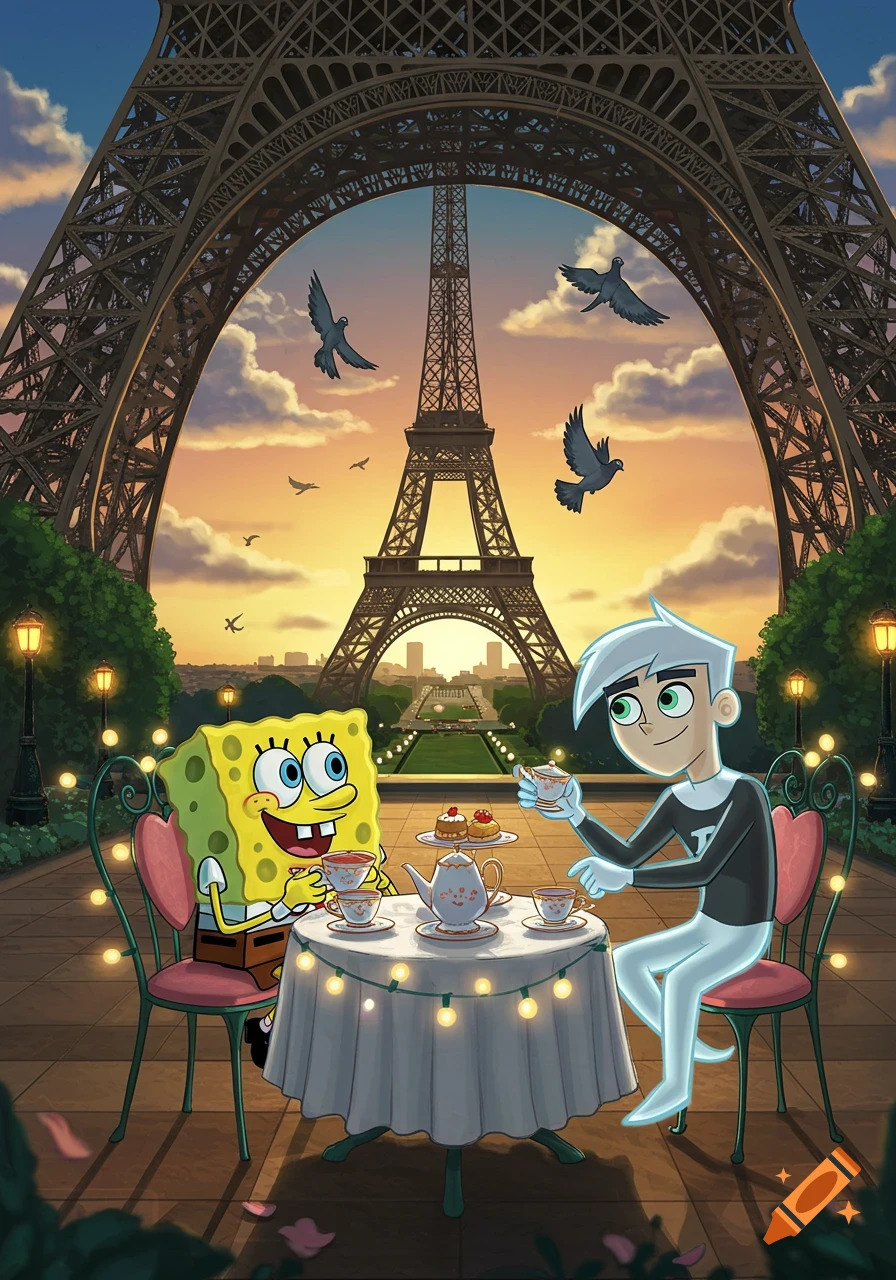 Spongebob and Danny Phantom having a tea party at a table in front of the Eiffel Tower at sunset, with birds flying.