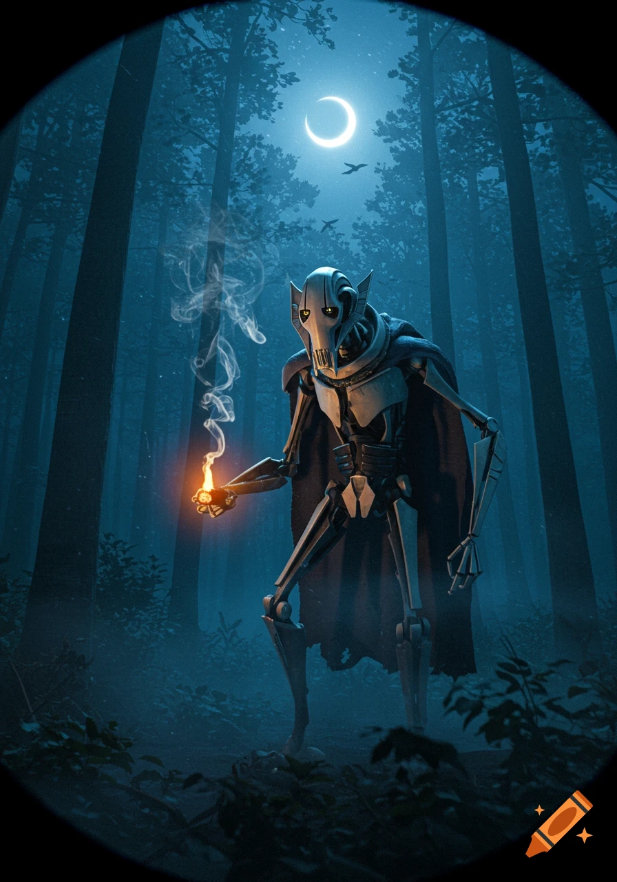 General Grievous from Star Wars stands in a dark blue-lit forest at night, holding a glowing ember with smoke rising from it. A crescent moon and birds are in the sky, viewed through a fisheye lens.