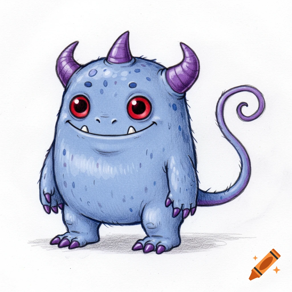 A cute, blue, round monster with red eyes, purple horns, two sharp teeth, and a curly purple tail, hand-drawn with colored pencils.
