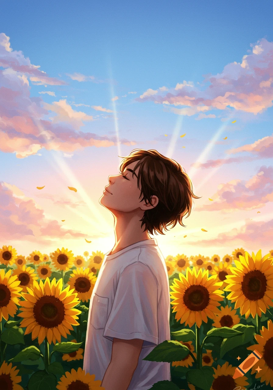 An anime-style person stands in a vibrant field of sunflowers, eyes closed, looking up towards the sun setting in a cloudy sky.