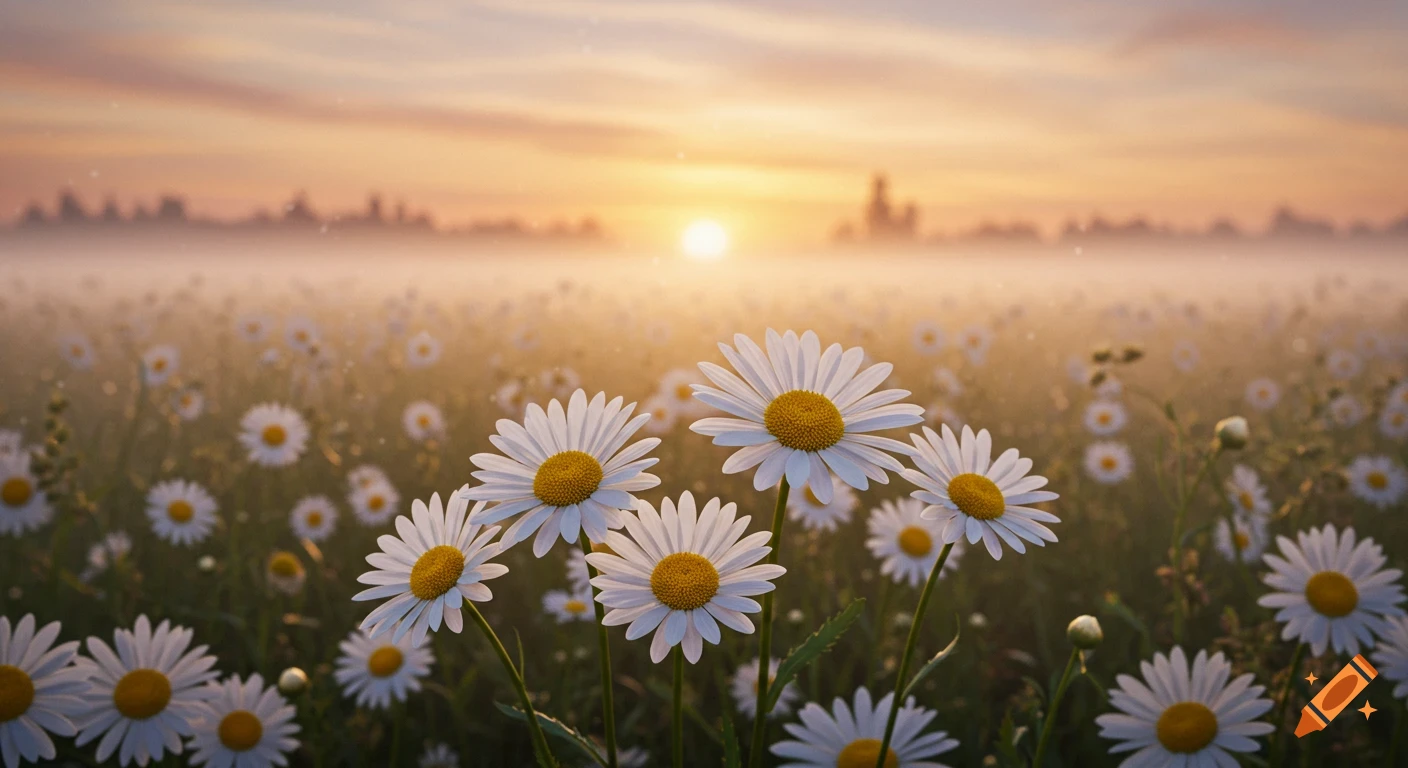 A close-up of white daisies in a field with a blurred background and a sunrise.