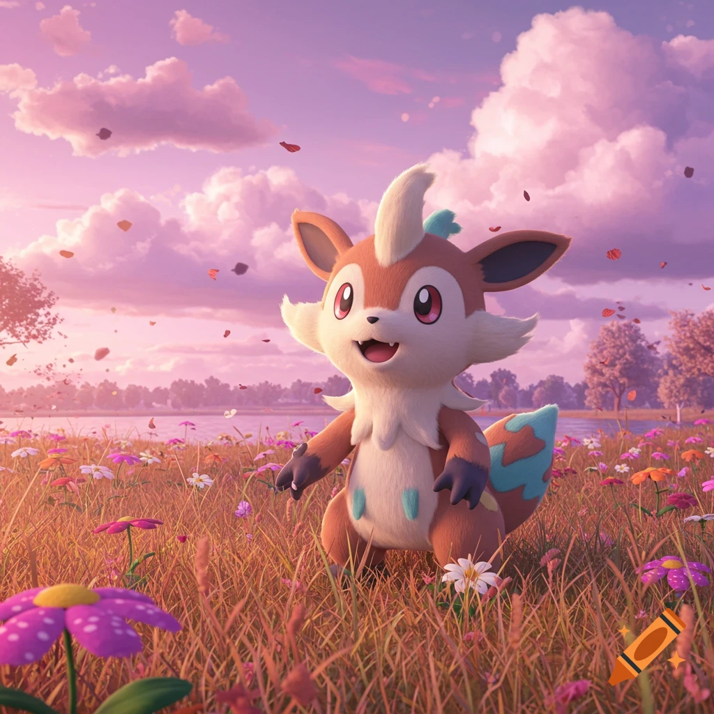 A cute, brown and white Pokemon-like creature stands in a field of colorful flowers under a vibrant purple sunset sky.