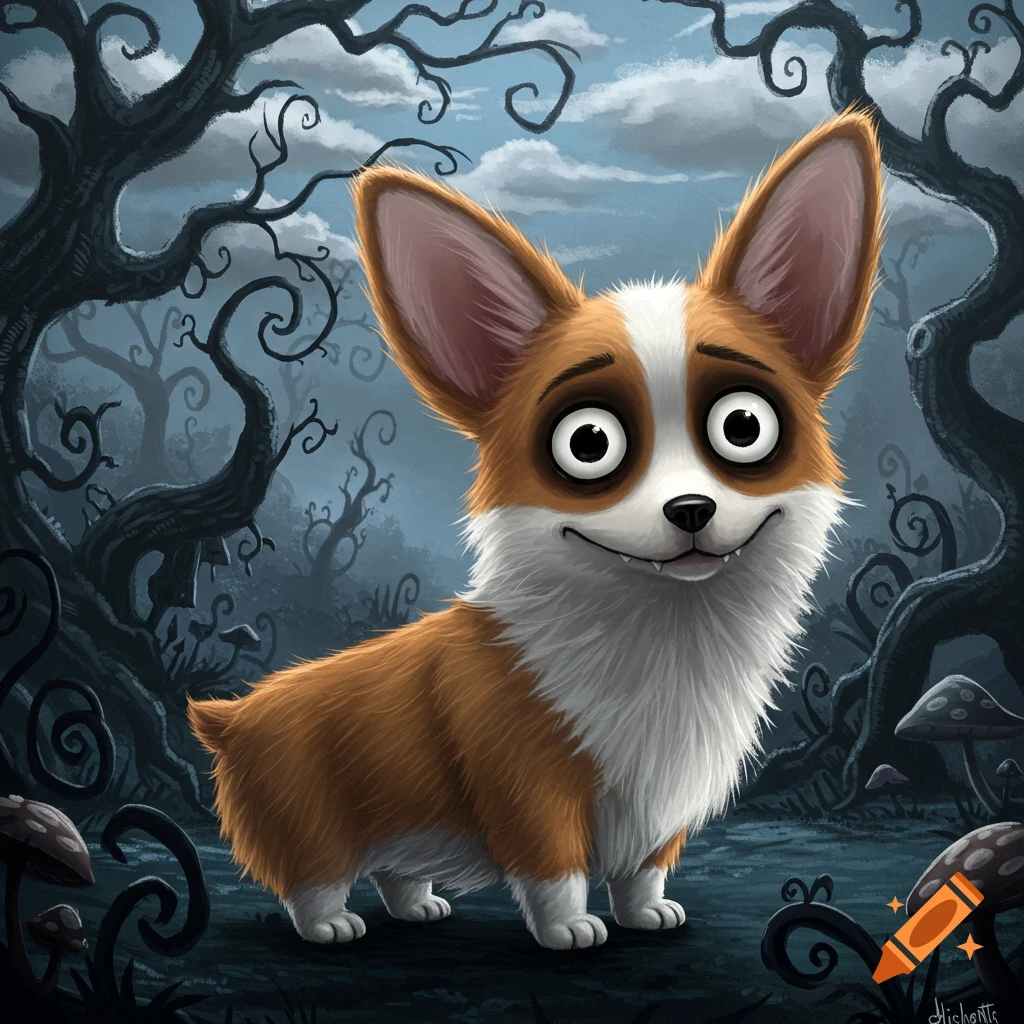 A whimsical cartoon Corgi with large eyes stands in a spooky, dark forest with gnarled trees.