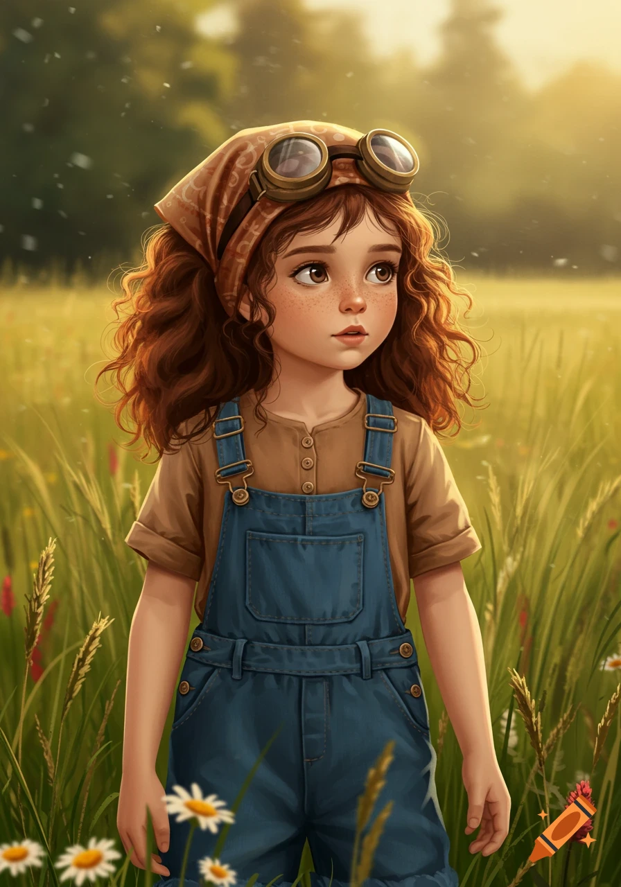 A young girl with curly brown hair and freckles wears a bandana with goggles, a brown shirt, and blue overalls, standing in a sunny field.
