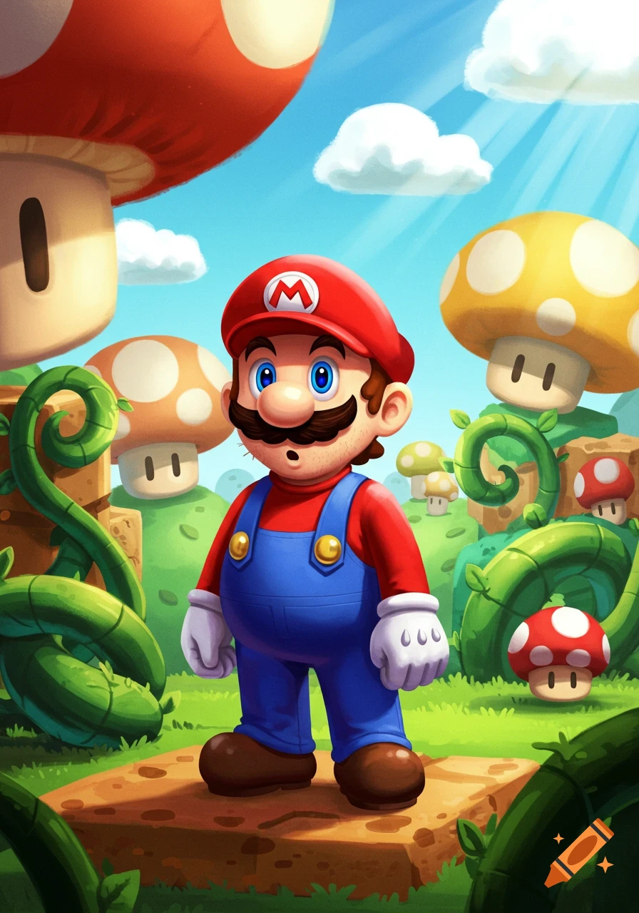 A stylized illustration of Mario standing in a vibrant green landscape filled with large, colorful mushrooms and green vines under a bright blue sky.