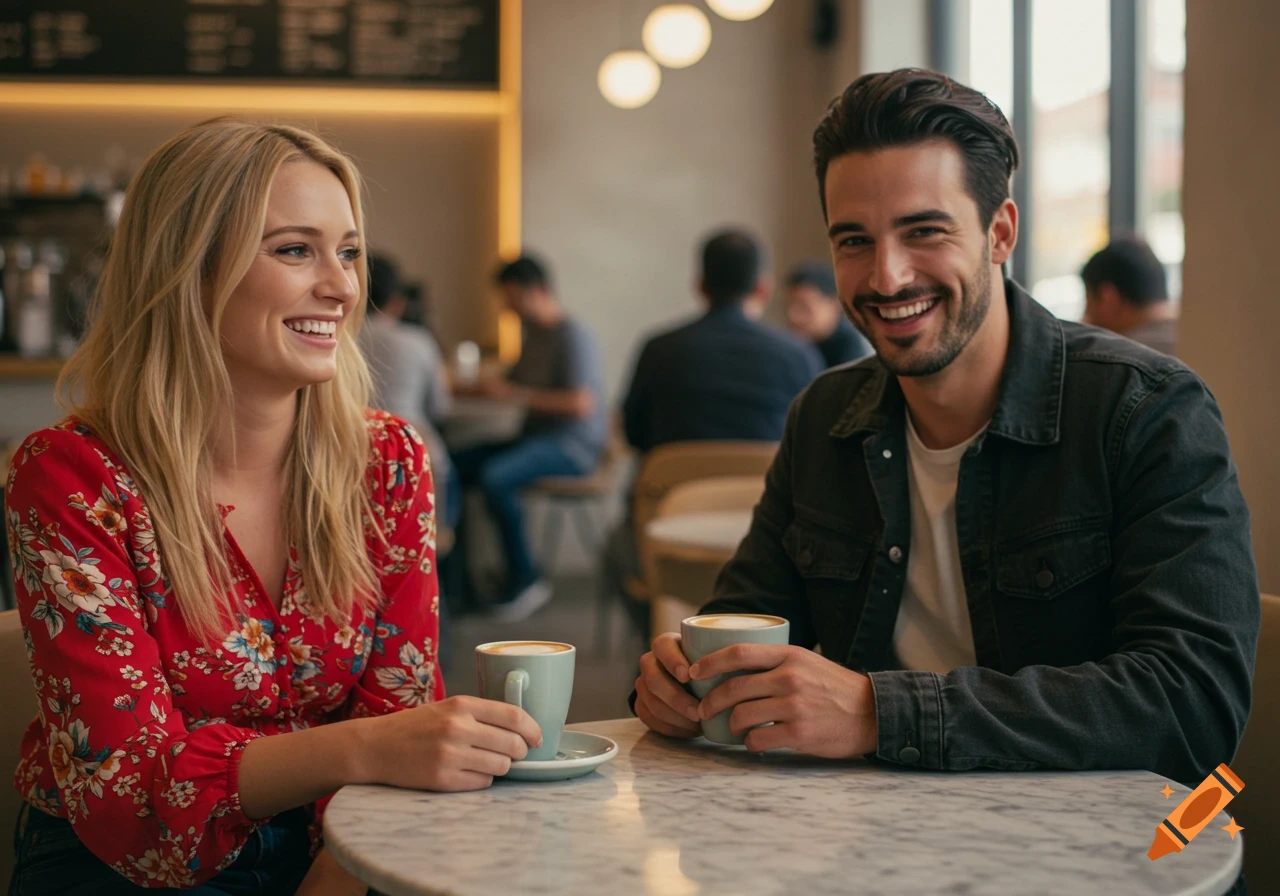 A man and a woman sit at a marble table in a cafe, smiling at each other over coffee. The woman wears a red floral shirt, the man a dark jacket.