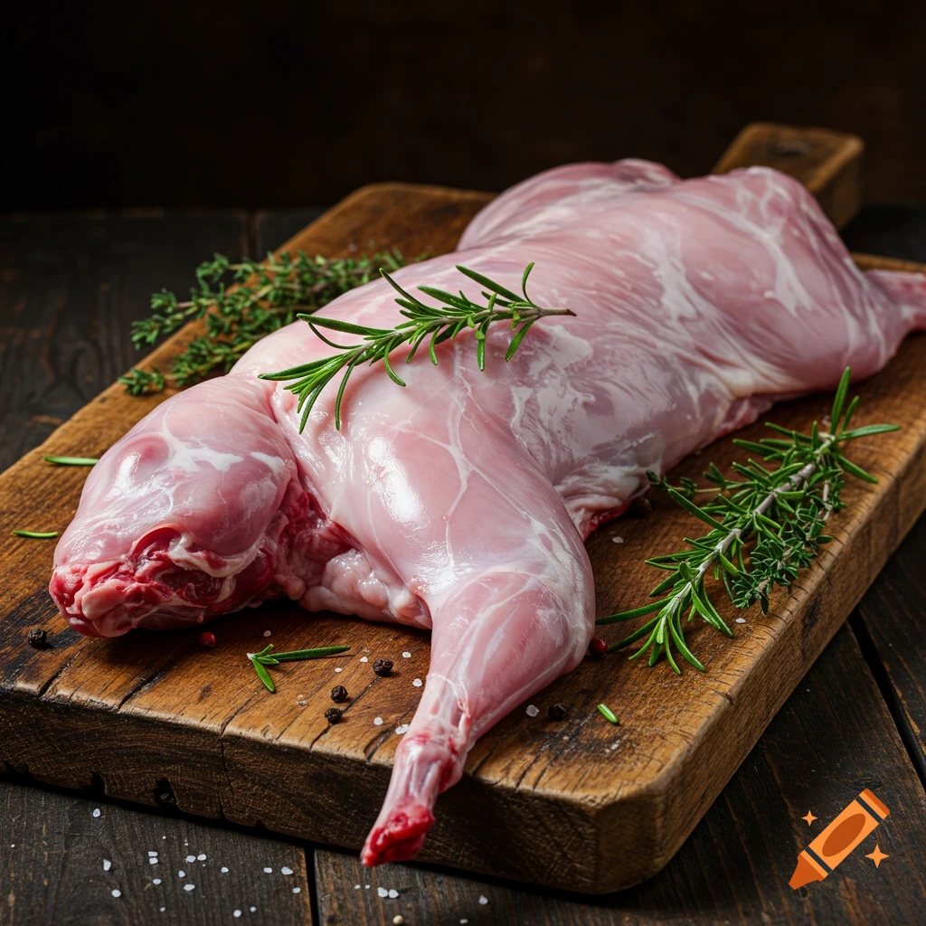 Photorealistic image of a whole raw rabbit on a wooden cutting board with rosemary and thyme sprigs.
