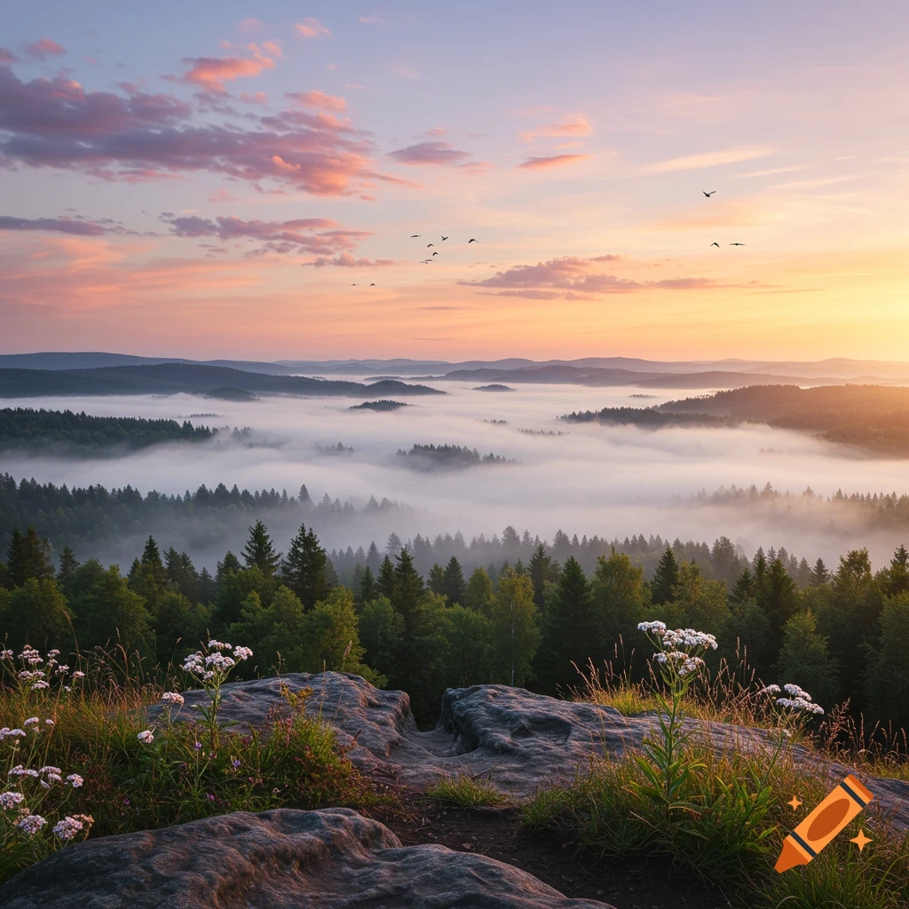 Panoramic view of a misty forest valley at sunrise from a rocky foreground with wildflowers and birds flying.