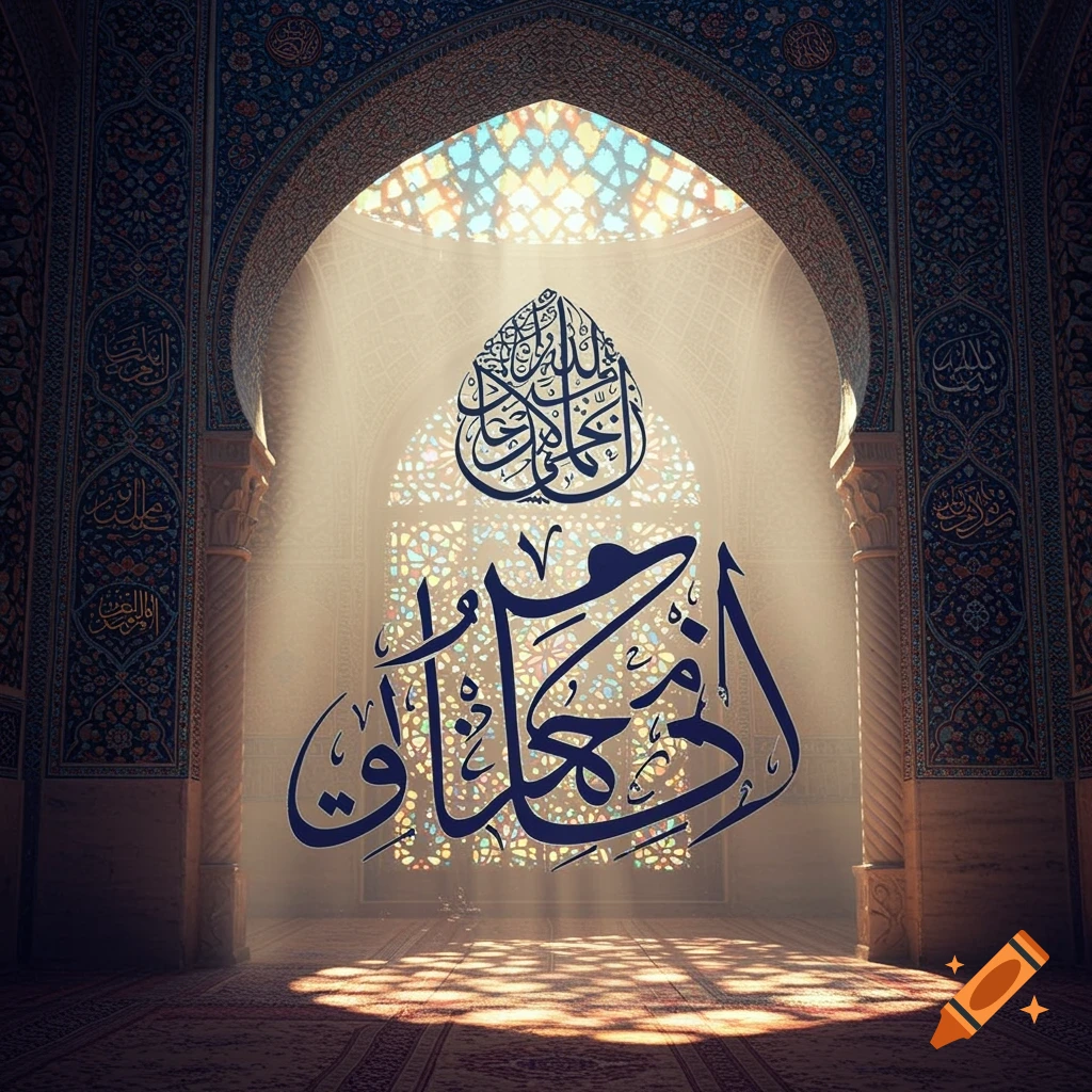 Islamic mosque interior with intricate arches, stained glass window, and prominent Arabic calligraphy bathed in sunlight.