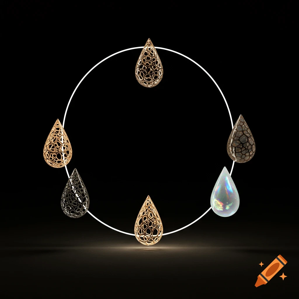 Six stylized teardrop shapes, some golden and textured, one iridescent, arranged in a circle on a black background.