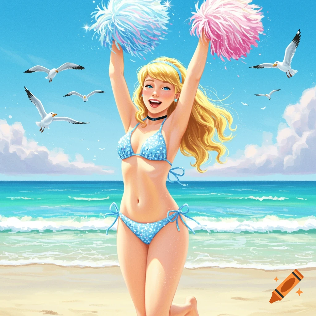 Cinderella-like character in a blue bikini holding pom poms, jumping on a beach with seagulls.