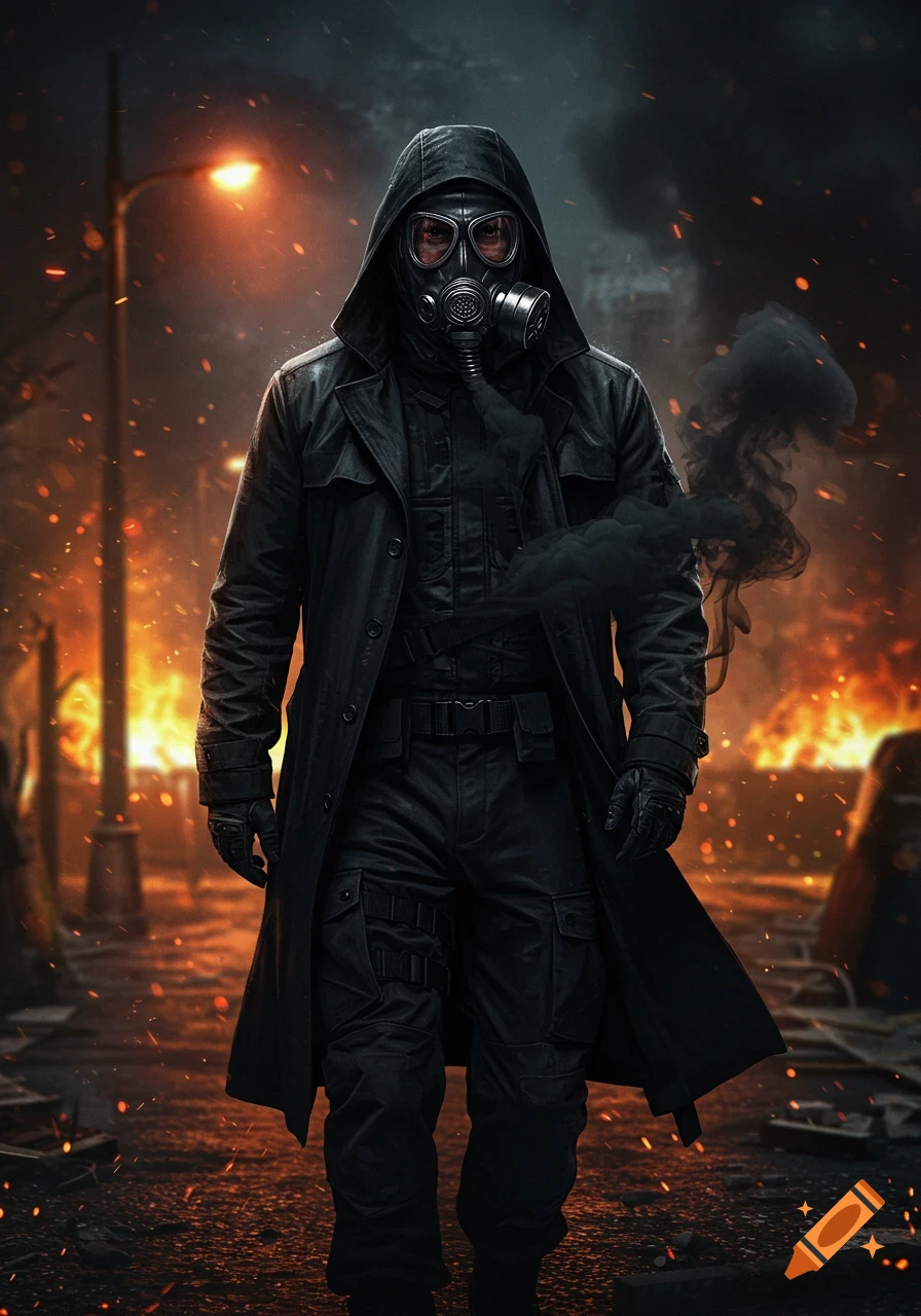 A man in a black trench coat, cargo pants, and gas mask walks through a fire-lit, battle-worn street at night, emitting black smoke.