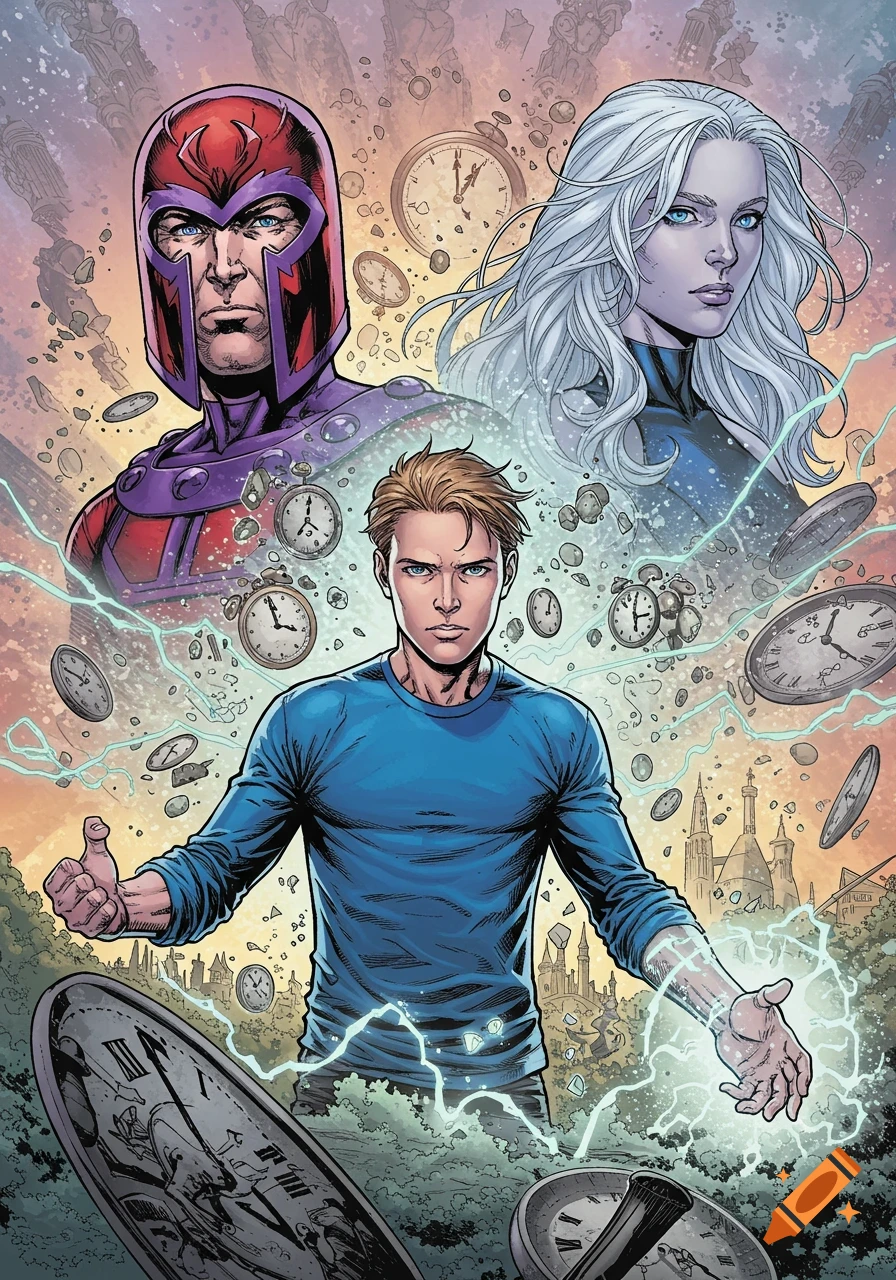 Marvel comic art: A blond man in a blue shirt with power, surrounded by floating clocks, with Magneto and a white-haired woman floating above.