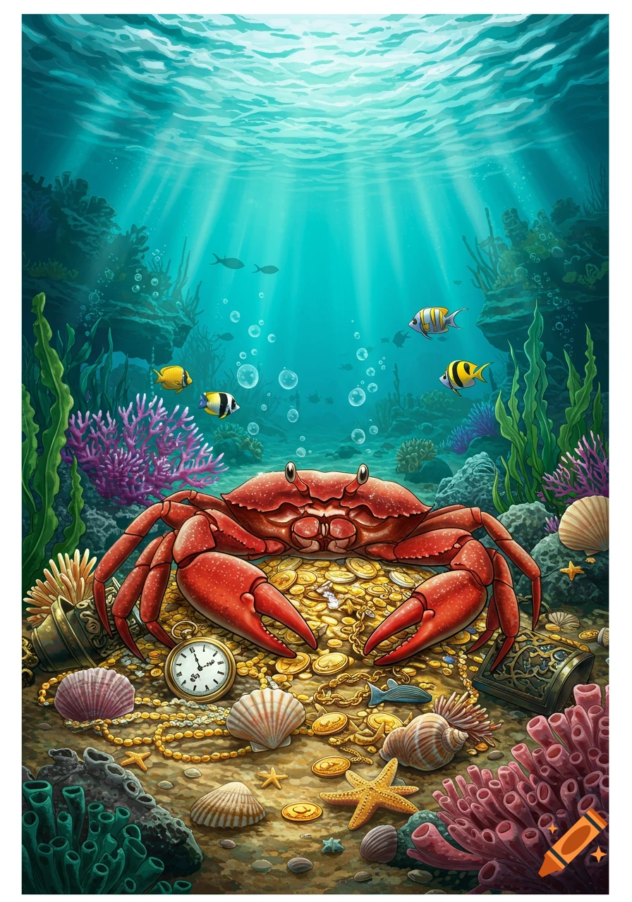 A red crab sits on a pile of gold coins and treasure on the ocean floor, surrounded by coral and fish, with sun rays from above. Illustrated style.