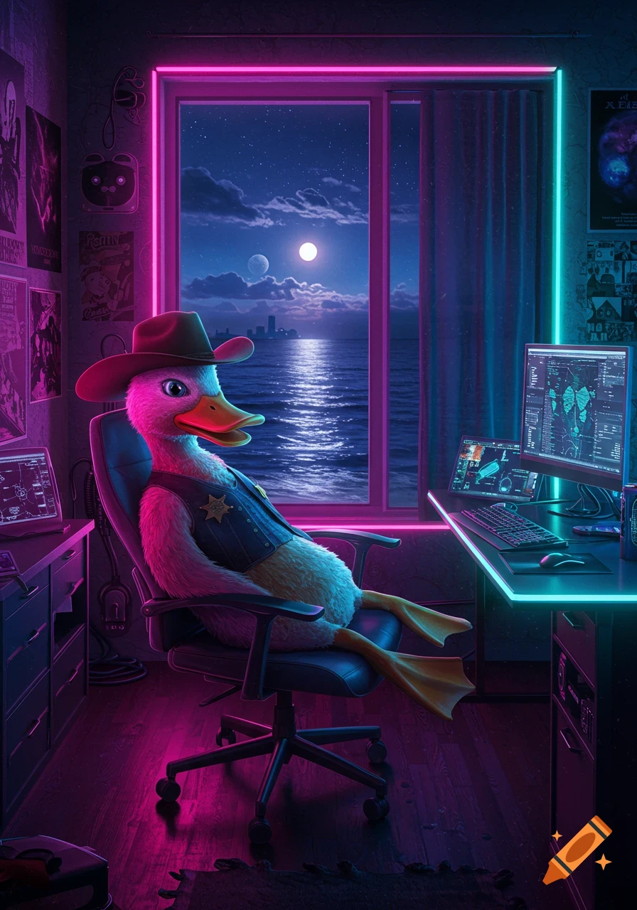 A cartoon cowboy duck sits in a computer chair in a vibrant neon-lit room, gazing at a moonlit ocean from a window.