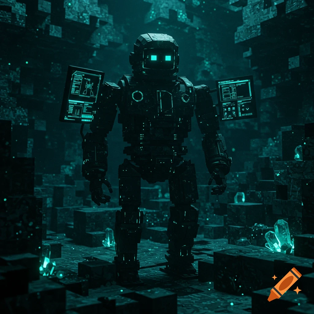A dark, blocky robot with glowing teal eyes and screens on its shoulders stands in a subterranean, pixelated cavern with glowing crystals.