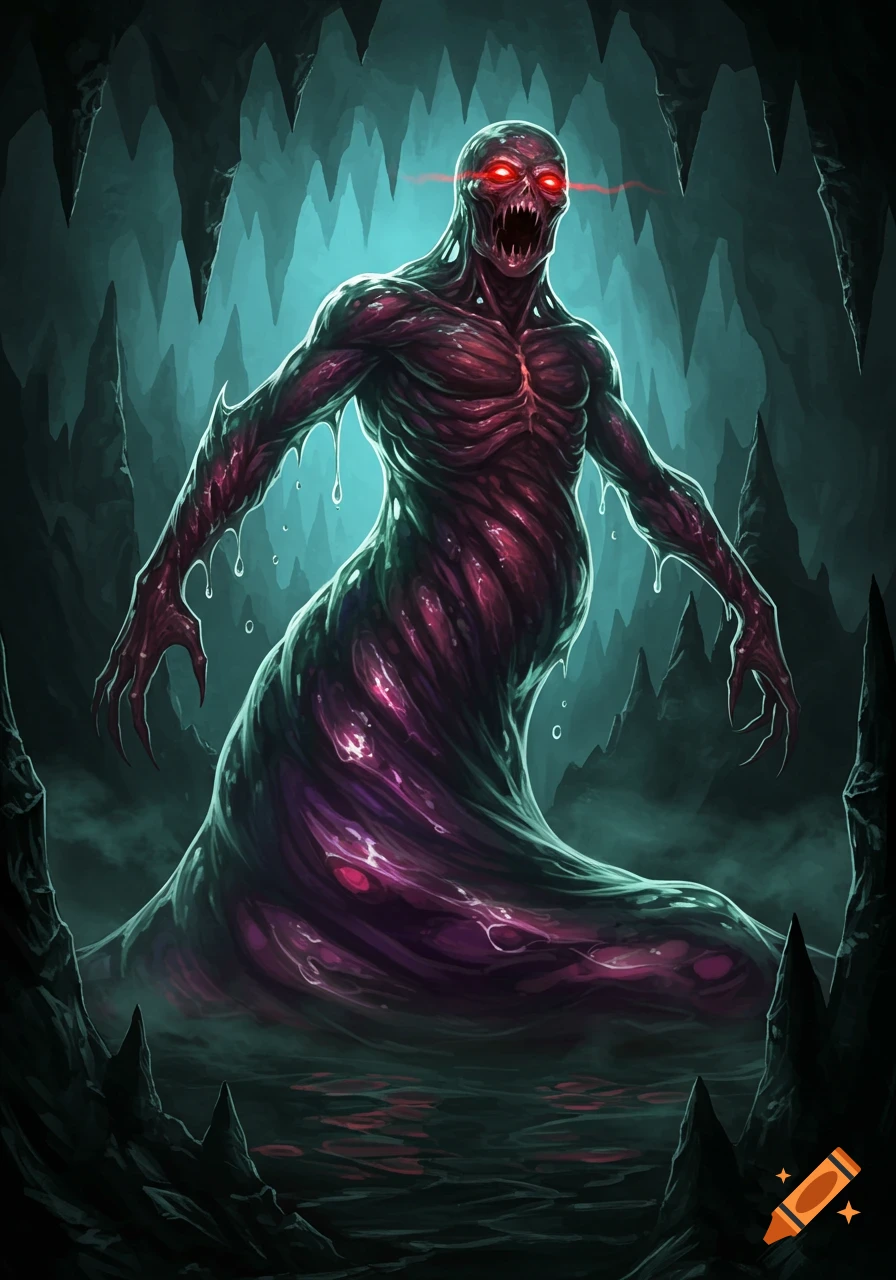 A terrifying, slimy, red-eyed monster in a dark, cavernous setting with stalagmites and stalactites.