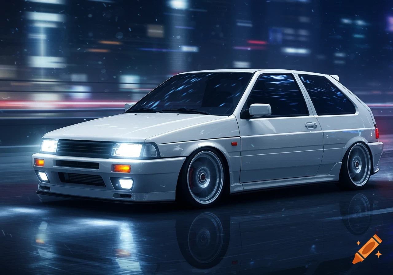 A white customized hatchback car with lowered suspension and spinning wheels drives on a wet street at night, with blurry city lights in the background.