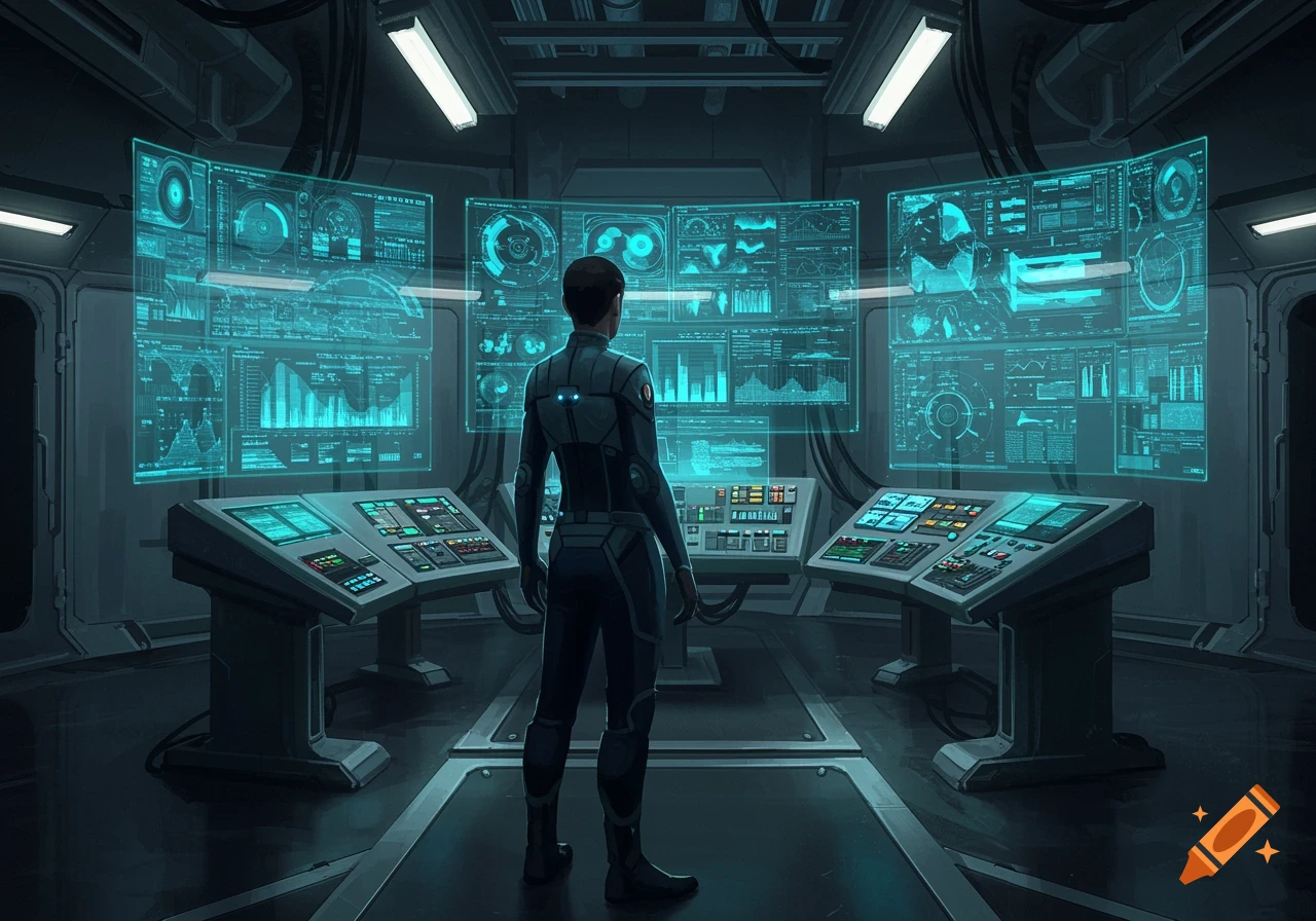 A person in a futuristic suit stands in a dark control room, looking at large holographic screens displaying blue data and graphs.