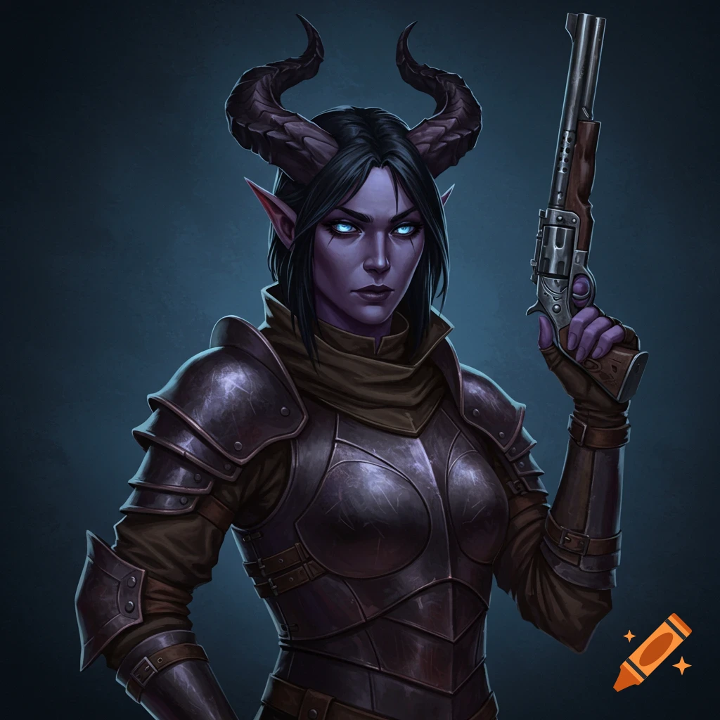 A female purple-skinned Tiefling with horns and glowing blue eyes, wearing dark armor and holding a pistol, against a dark background.