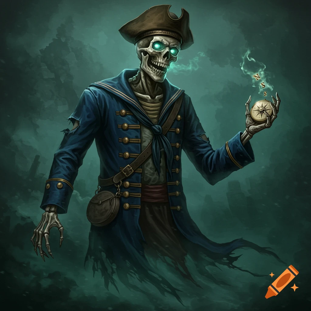 An undead skeletal pirate captain in a tattered blue coat with glowing green eyes, holding a mystical compass emitting green smoke.