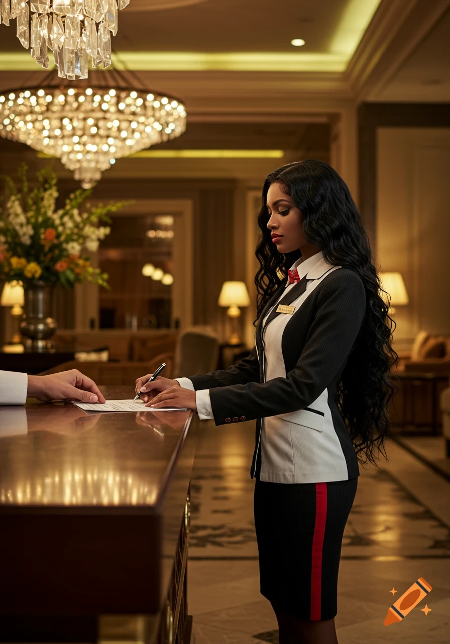 A photorealistic image of a woman with long wavy dark hair, wearing a black, white, and red hotel uniform, checking in a guest at a polished wooden counter.