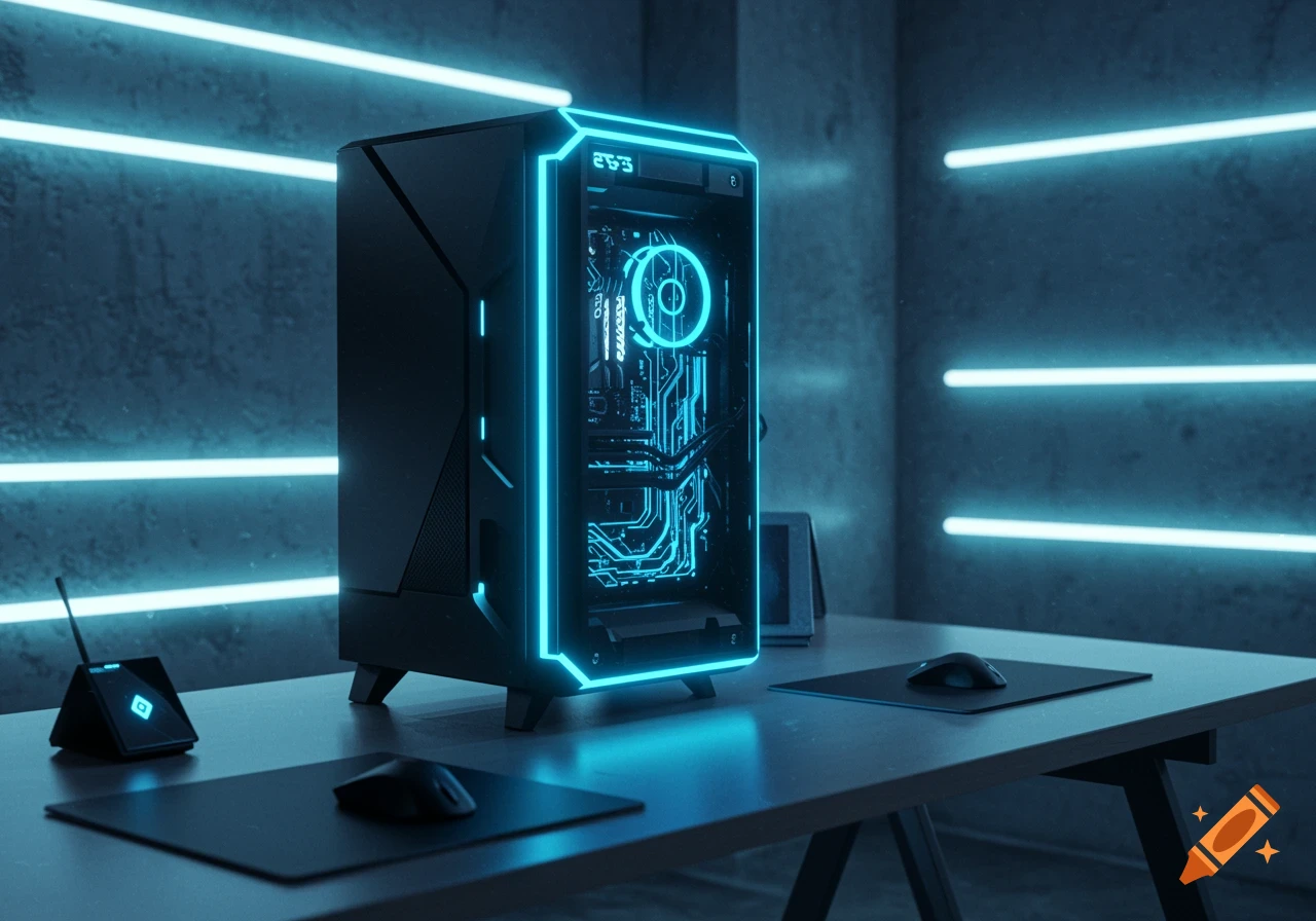 A black gaming PC with bright blue neon lights sits on a desk with a mouse and mousepad in a dark room with blue glowing horizontal light strips on the wall.
