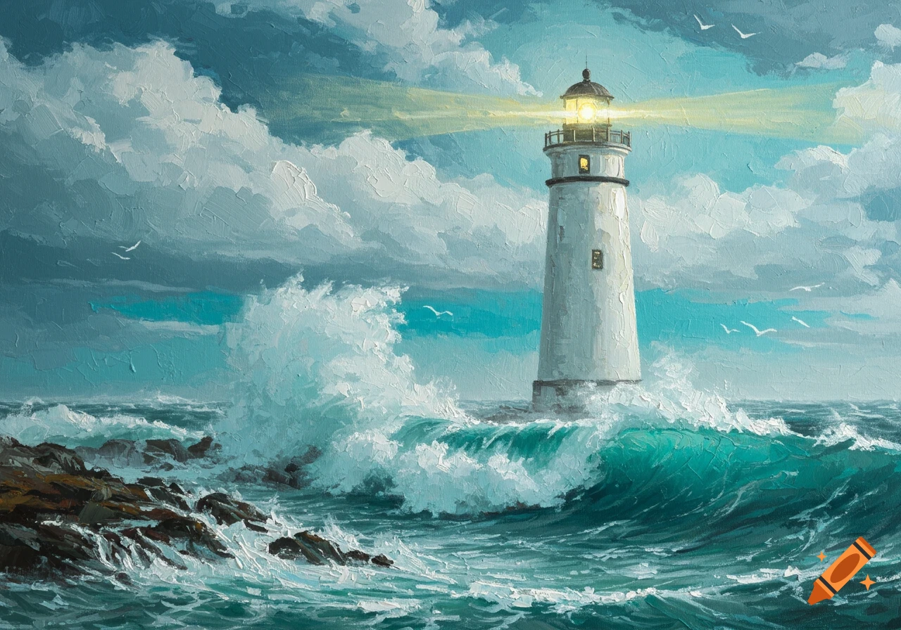Oil painting of a white lighthouse shining its light amidst tall crashing waves and a stormy sky with dramatic clouds.