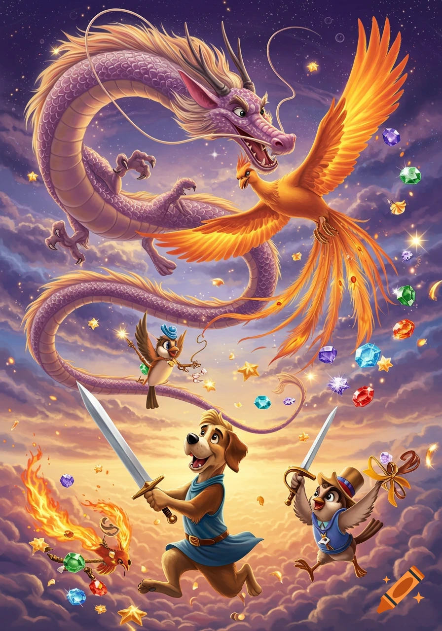 Vibrant fantasy illustration of a purple dragon, golden phoenix, dog, and sparrows with swords, flying through a starry, gem-filled sky.