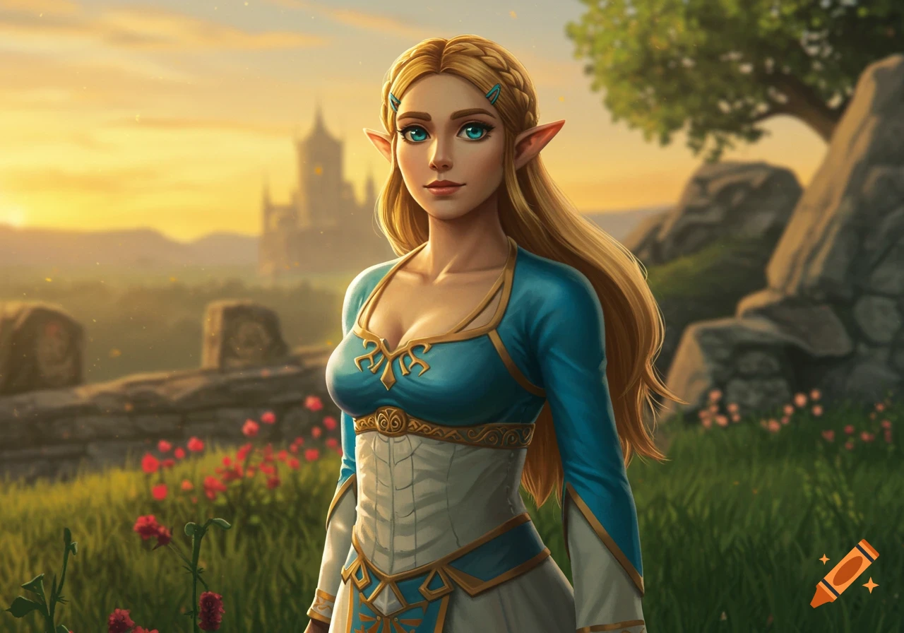 Princess Zelda from Breath of the Wild stands in a field with a castle in the background at sunset, digital art.