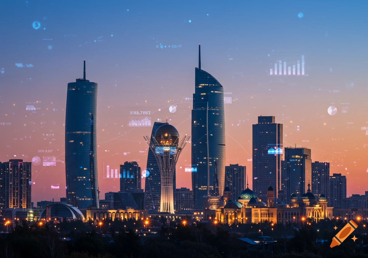 Photorealistic cityscape at sunset with modern skyscrapers and subtle data overlays in the sky.