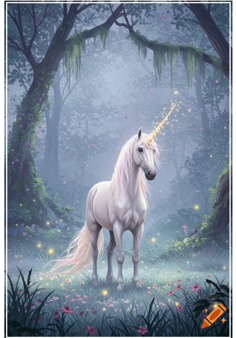 A majestic white unicorn with a golden horn stands in a mystical, foggy forest with glowing fireflies and pink flowers.