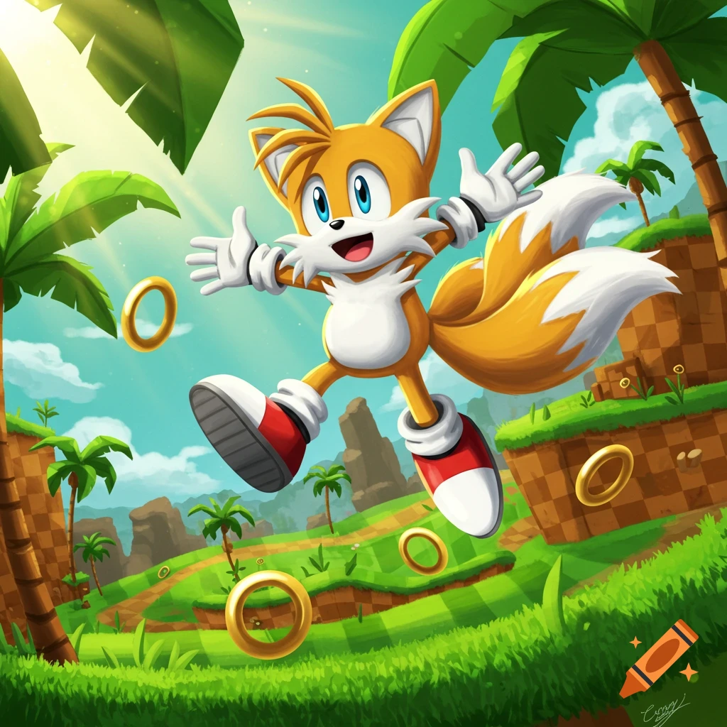 Tails, the orange two-tailed fox, jumps cheerfully amidst golden rings in a vibrant green landscape with palm trees and hills, in a cartoon style.