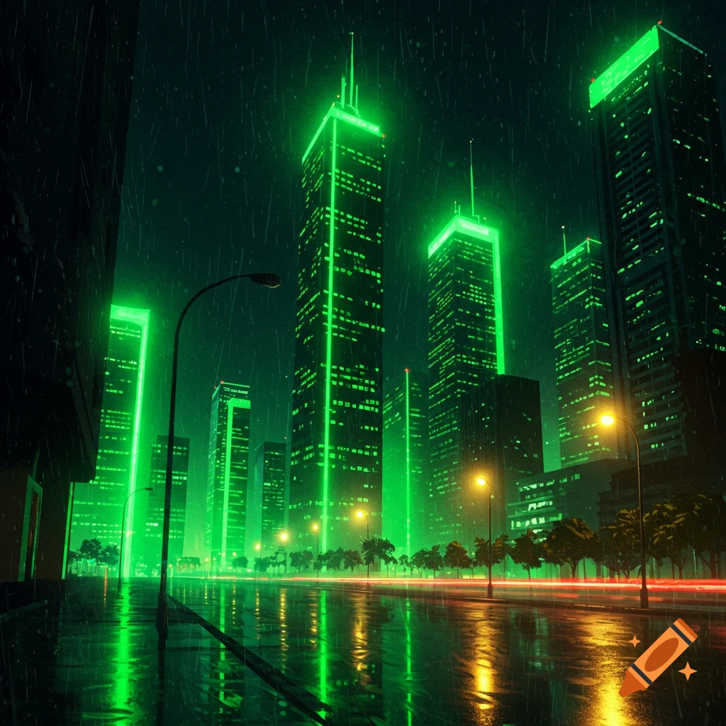A vibrant, rain-soaked cityscape at night with towering skyscrapers illuminated in bright green light, reflecting on wet streets.